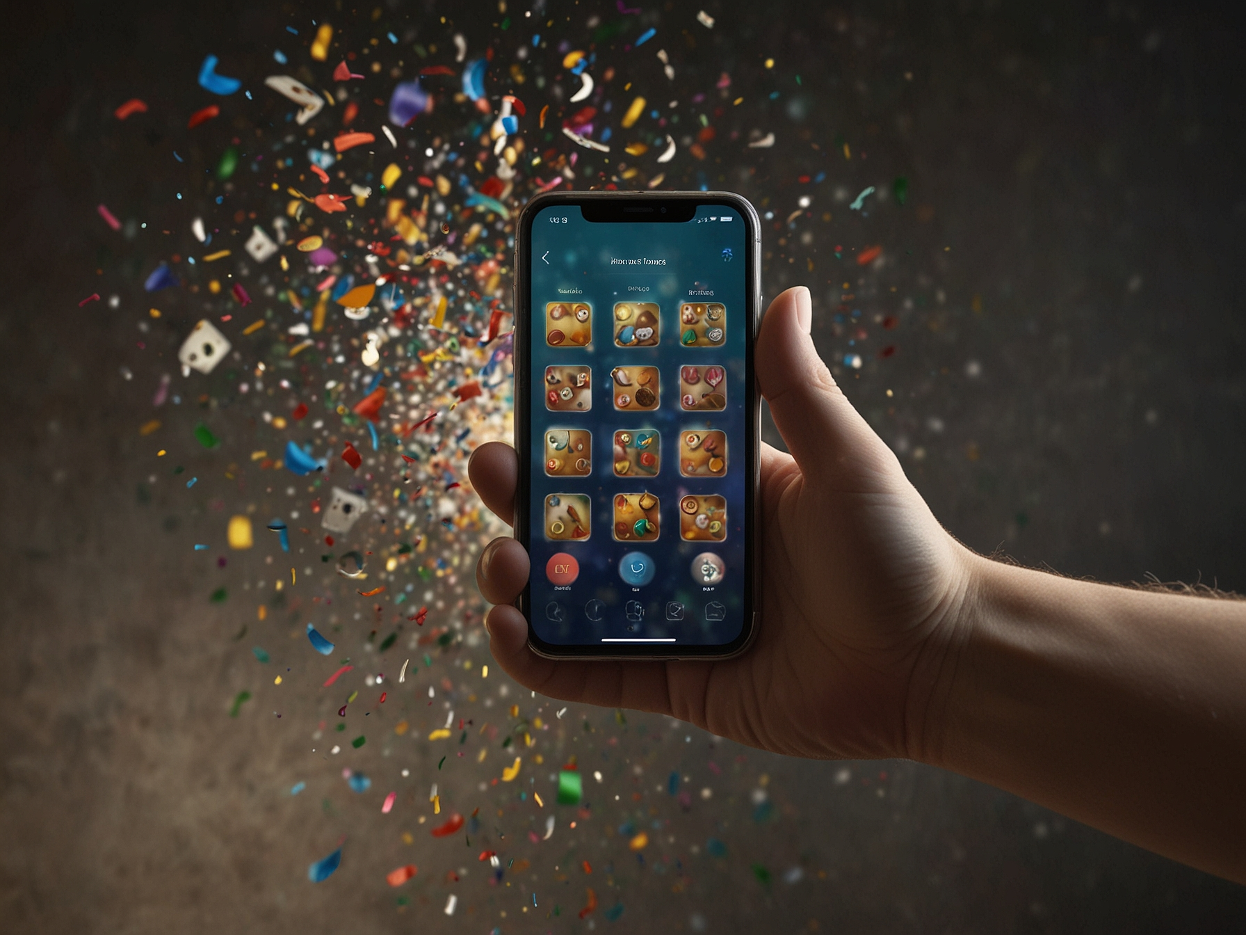 Winner celebrating with phone and slot icons